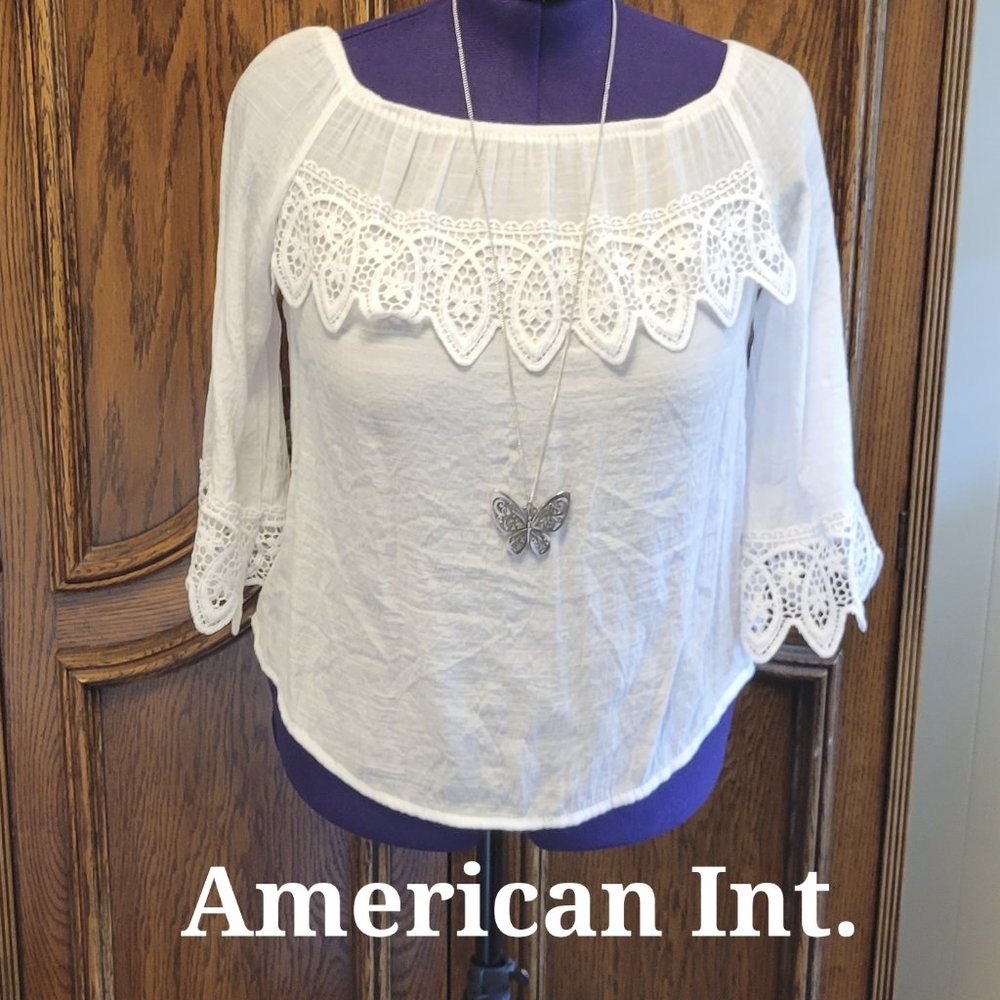 American Int. White lacy 3/4 sleeve off shoulder semi sheer embroidered blouse.M